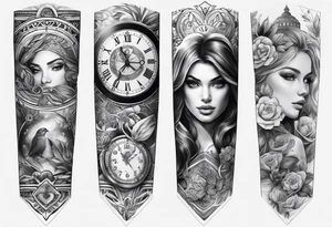 sleeve tattoo to contain the symbols family , love, health, time, money , happines tattoo idea