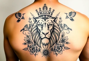 powerful majestic lion with a crown, surrounded by floral ornaments and birds tattoo idea