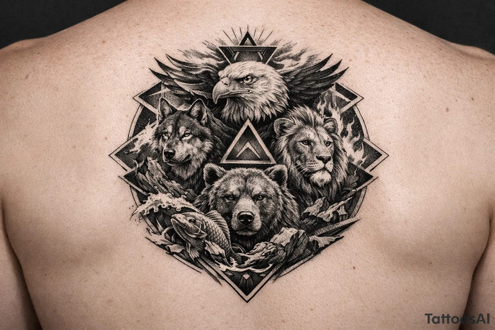 Strength, humble, honourable, respectful, being adaptable to all situations

Using animals, elements (earth wind fire water), geometric shapes

Design for a full sleeve tattoo idea