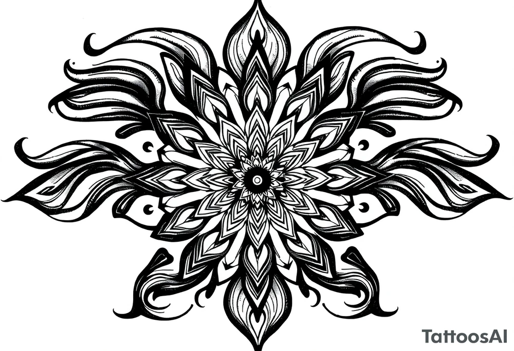 Mandala center with flowing black lines extending outward, blackwork tattoo design, spiritual energy, curved shapes, symmetrical but flowing, designed for sleeve expansion, -- no color, no text, minimal background, ink-style shading, centered, high-resolution, symmetrical or dynamic layout, tattoo-ready tattoo idea