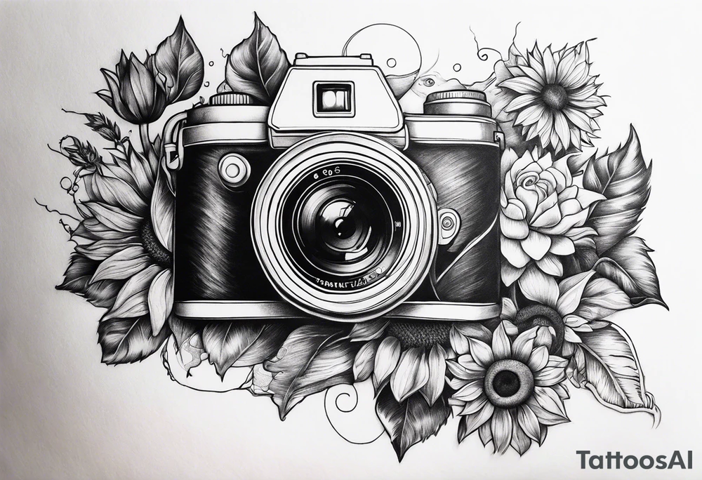 sunflower, camera, fish, flower rose tattoo idea