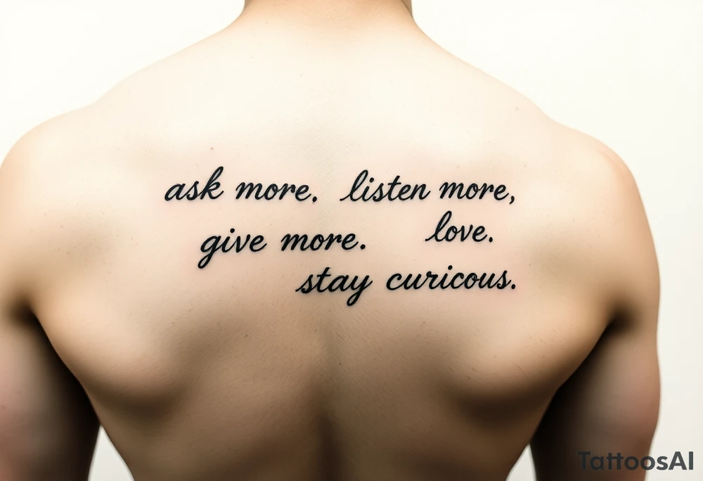 a tattoo on a man's front left clavicle that reads ask more. listen more. give more. love first. stay curious. tattoo idea