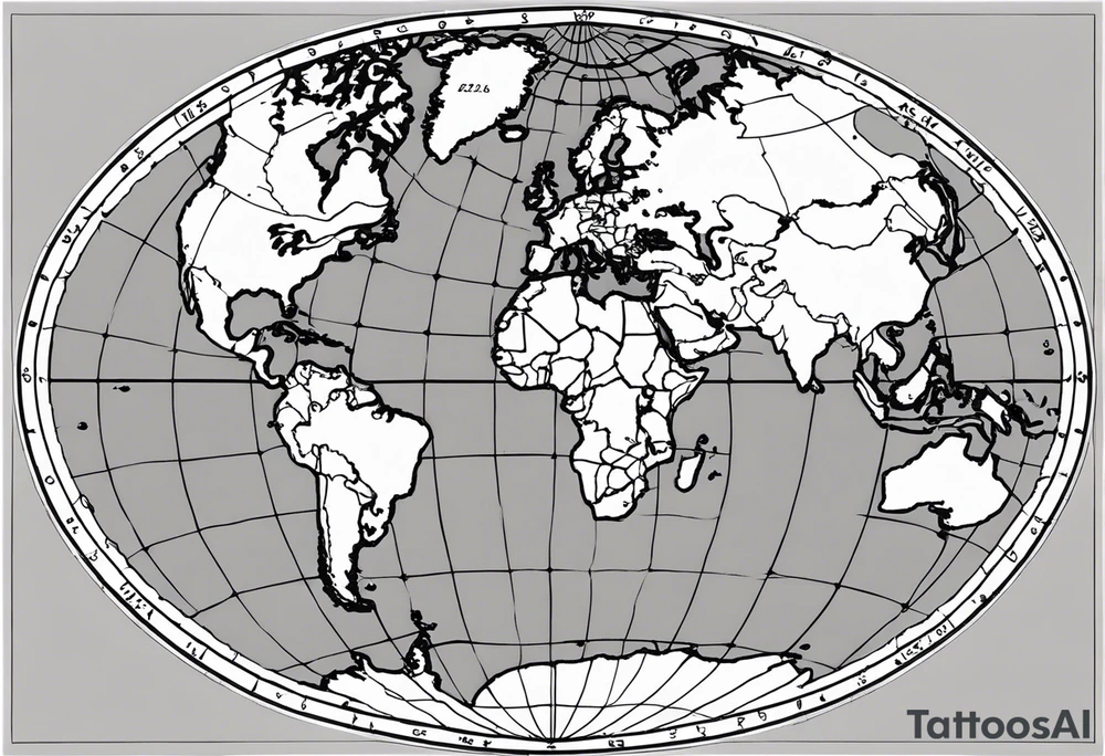 the earth on a flat map with no shading placed on a grid with only the lines with accurate depictions of the borders in countries while having it in an oval/circular position on a grid without any borders on the sides while having the countries not have such bold borders tattoo idea