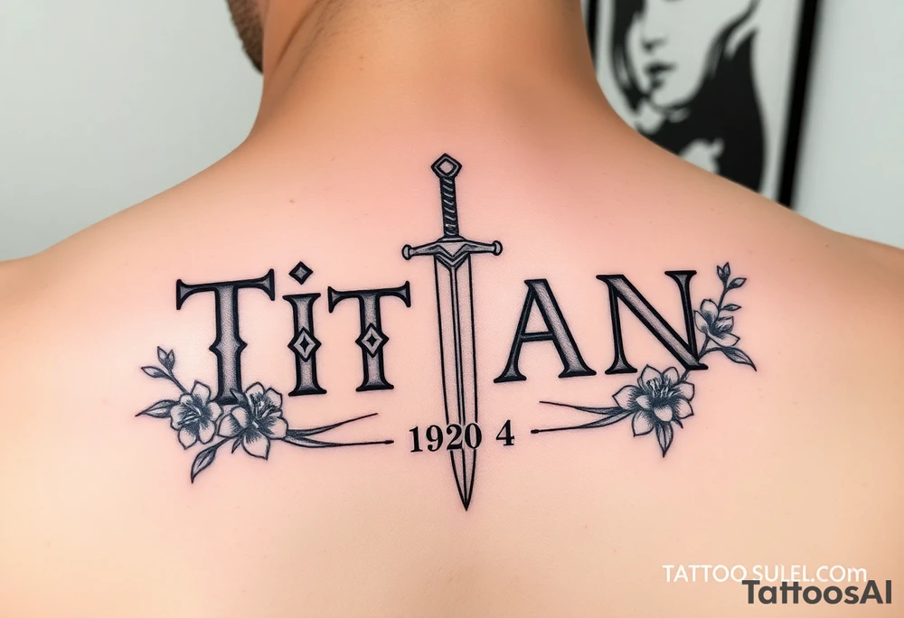 Name ‘Titan’ with birthday, Greek mythology inspired font with mini swords the T in Titan is a sword with cherry blossoms flowers around tattoo idea