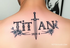 Name ‘Titan’ with birthday, Greek mythology inspired font with mini swords the T in Titan is a sword with cherry blossoms flowers around tattoo idea