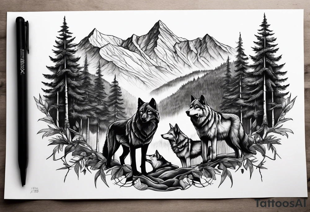 Dark forest with mountains and wolves tattoo idea