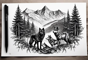 Dark forest with mountains and wolves tattoo idea