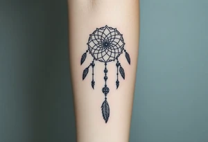 native dreamcatcher with flowing feathers and sacred beads tattoo idea