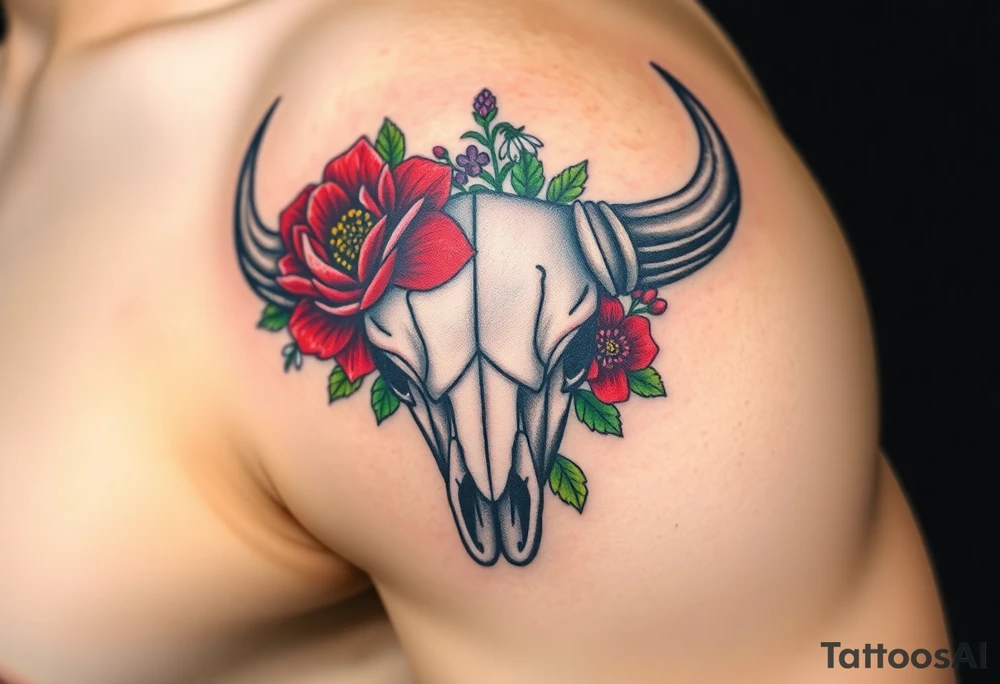 Buffalo or bison skull with flowers. Red Peony, snowdrop, green holly with red berries, purple larkspur,  red peony. Colour. For upper arm or shoulder. Masculin. tattoo idea