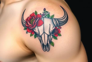 Buffalo or bison skull with flowers. Red Peony, snowdrop, green holly with red berries, purple larkspur,  red peony. Colour. For upper arm or shoulder. Masculin. tattoo idea