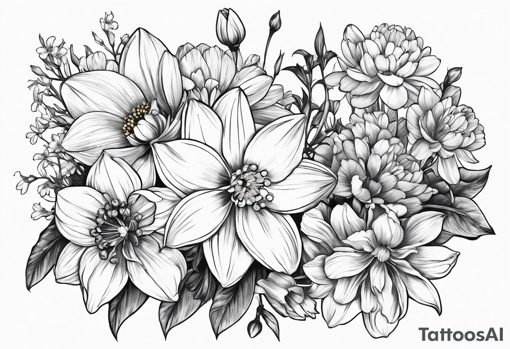 Narcissus, CHRYSANTHEMUM, COSMOS, SNOW DROP in a bouquet with stems tattoo idea