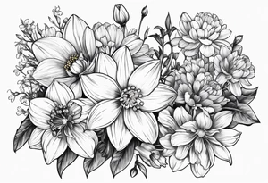 Narcissus, CHRYSANTHEMUM, COSMOS, SNOW DROP in a bouquet with stems tattoo idea