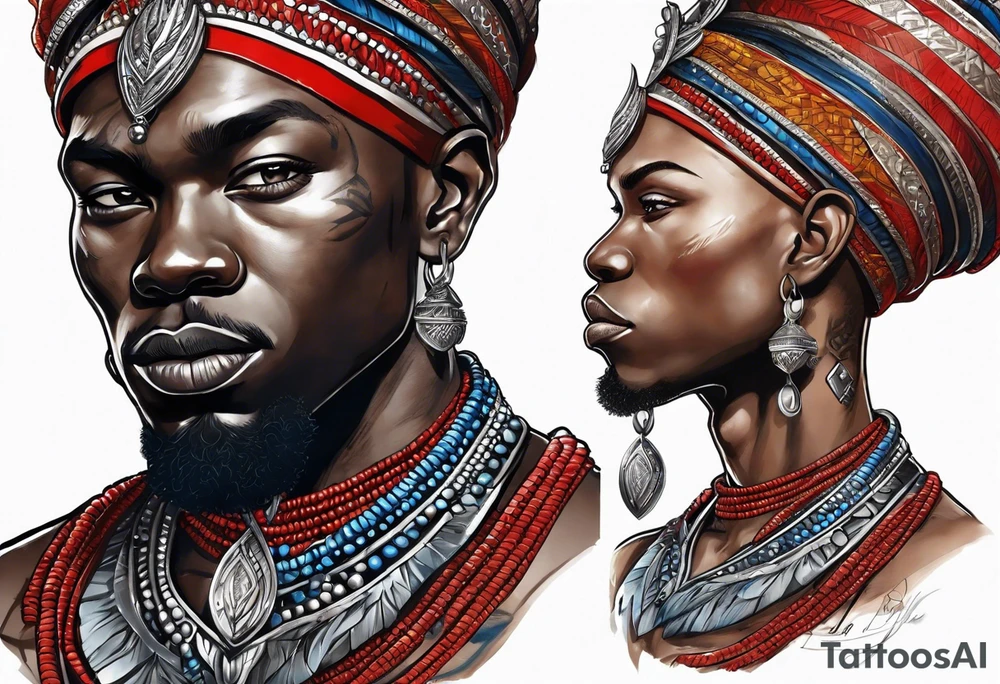 Black-skinned bald african warrior. He wears  a small silver crown. He wears two simple necklaces: one blue, other red. tattoo idea
