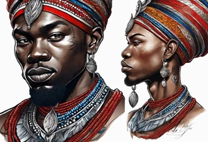 Black-skinned bald african warrior. He wears  a small silver crown. He wears two simple necklaces: one blue, other red. tattoo idea