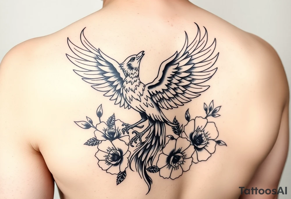 A pheonix rising out of fire surrounded by carnation flowers on the upper arm tattoo idea