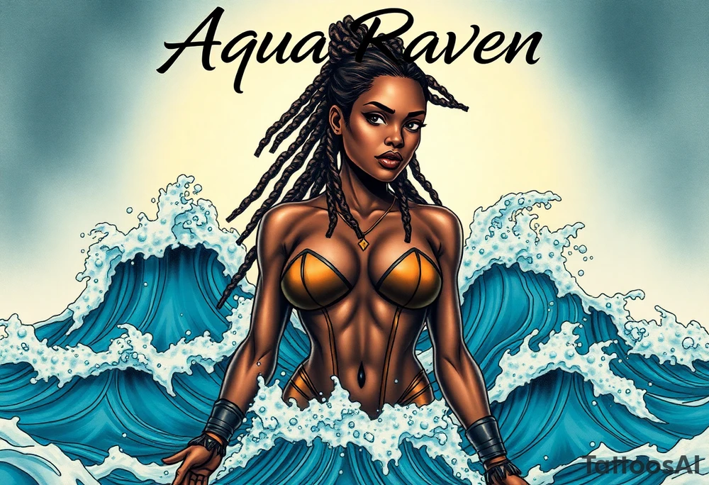 Create a comic book cover for a black female superhero named “Aqua Raven” have her standing in waves in the ocean with powers above her 
Show her with dreadlocs
Put her name in the background above her tattoo idea