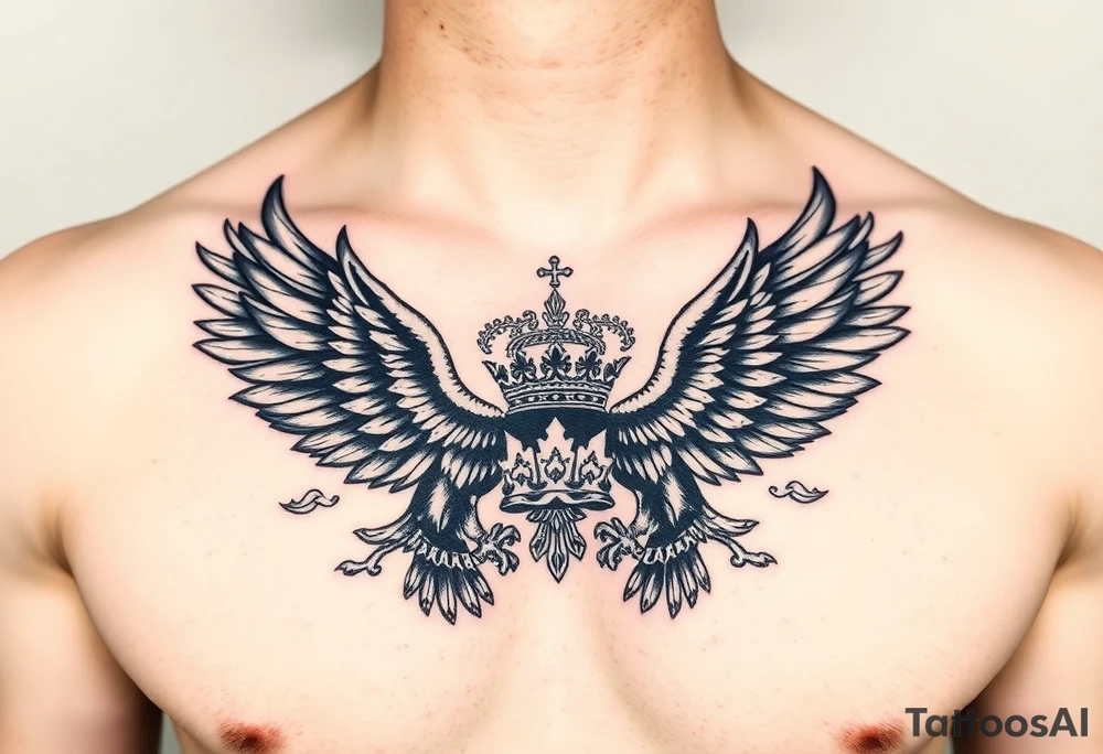 Chest tattoo,powerful two pilish symetricals majestic darks eagles, surrounded by lure ornaments , between eagles a crown tattoo idea
