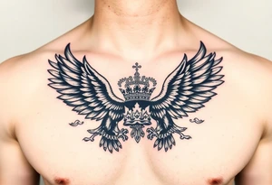 Chest tattoo,powerful two pilish symetricals majestic darks eagles, surrounded by lure ornaments , between eagles a crown tattoo idea
