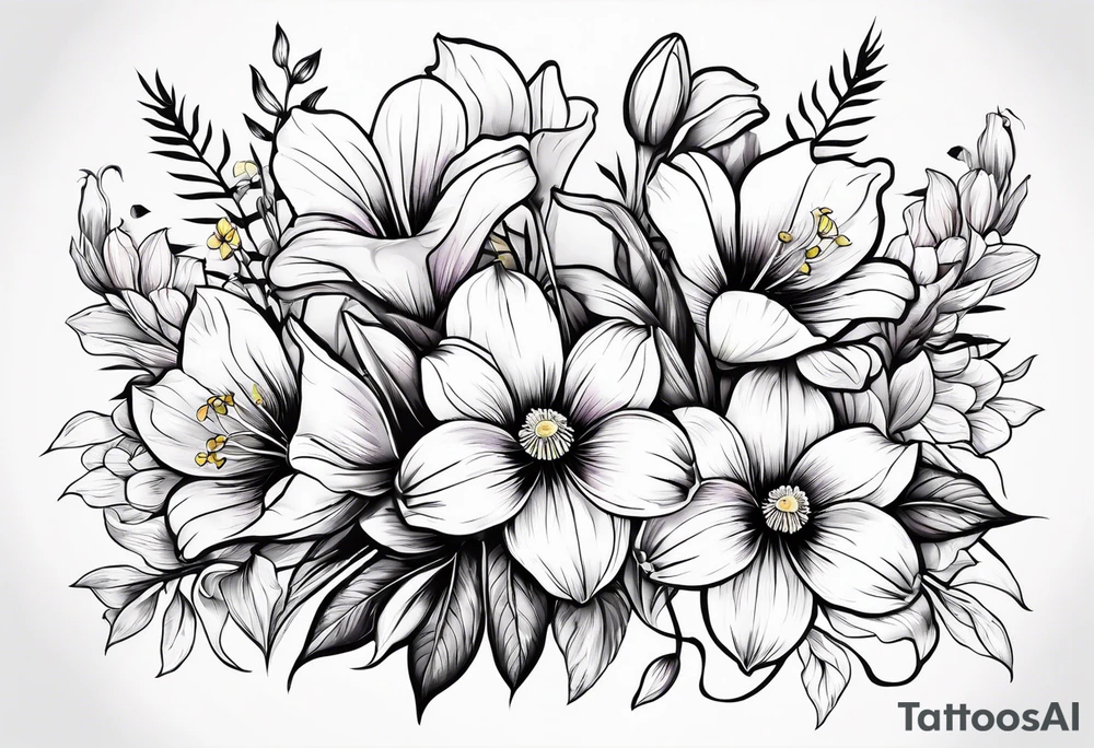 flower bouquet with 1 purple Violet flower, 1 yellow Daffodil flower , 1 blue Gladiolus flower, 1 red Poppy flower, 1 pink Cosmos flower tattoo idea
