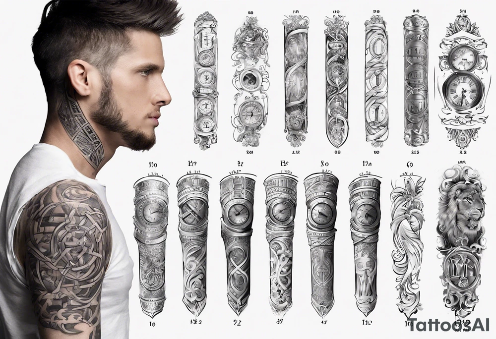 men’s arm sleeve, 1/18/70 Roman numeral, 8/31/62 Roman numeral tattoo idea