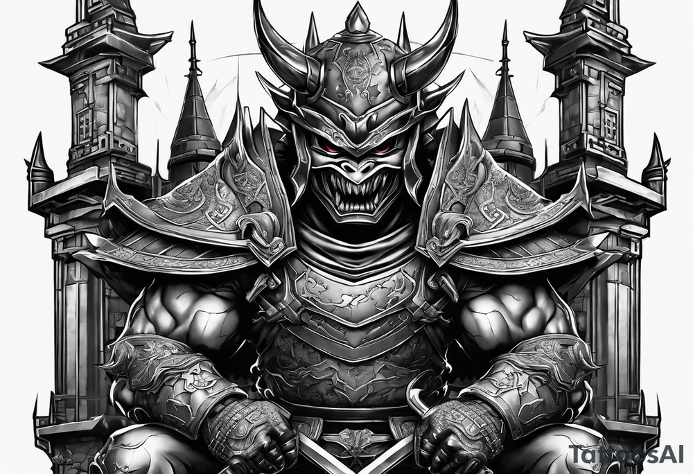 Angry demon Modern robot ninja with demon mask with swords in sitting in his castle tattoo idea