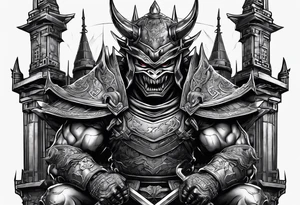 Angry demon Modern robot ninja with demon mask with swords in sitting in his castle tattoo idea