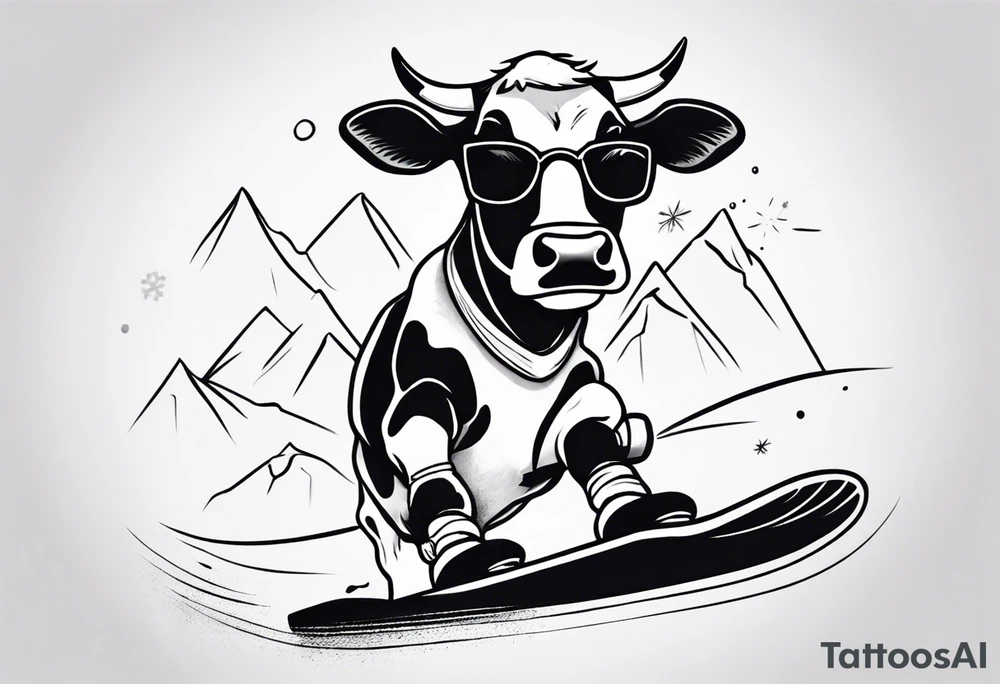 Generate a minimalist and simple black and white tattoo design featuring a joyful cow snowboarding, wearing goggles. Focus on essential lines and details to convey the playful spirit of the scene. The cow should exude confidence while effortlessly snowboarding down a snowy slope. Keep the design clean and uncluttered, suitable for a small to medium-sized tattoo space. Emphasize the charm and whimsy with the addition of goggles, ensuring the overall aesthetic remains simple and minimalistic. The goal is to create a visually appealing and easily recognizable tattoo that captures the essence of a cow enjoying a snowboarding adventure tattoo idea