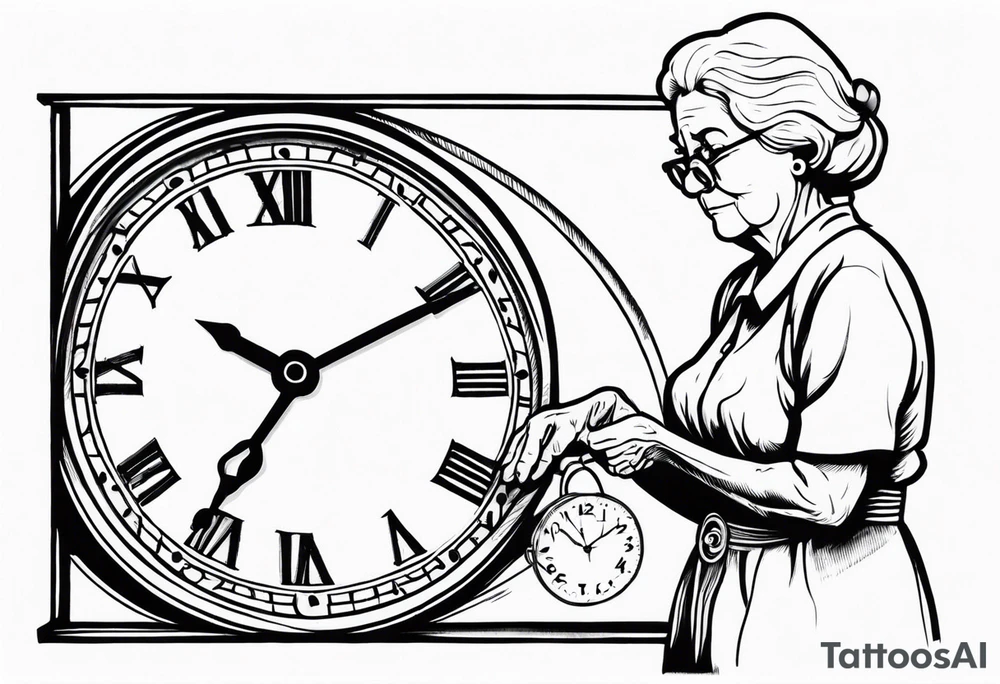 old lady trying to stop a clock tattoo idea