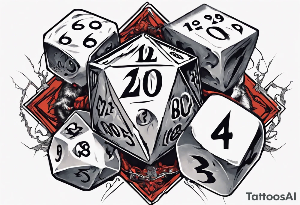 A 20 sided Dice in the center with numbers and wolverine claw marks framing the underneath of the dice and a werewolf in the background tattoo idea