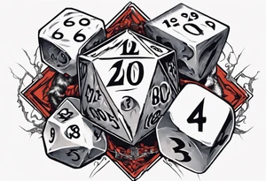 A 20 sided Dice in the center with numbers and wolverine claw marks framing the underneath of the dice and a werewolf in the background tattoo idea
