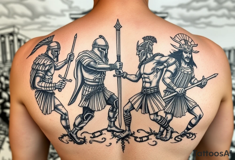 For a full back tattoo create the following battle seen- Viking vs Angus Kahn vs English knight vs Roman gladiator vs Japanese samurai. Note realistic fighting and weapons against each other. Background ancient ruins of Greece tattoo idea