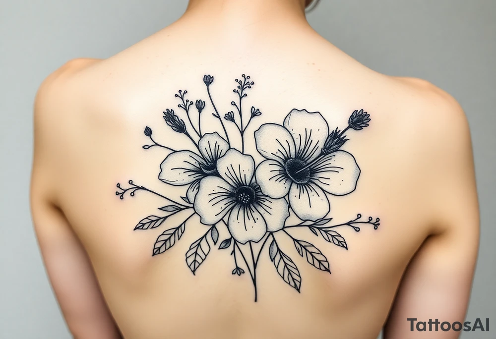 vintage bouquet of wild hibiscus
 and meadow flowers with morning dew tattoo idea