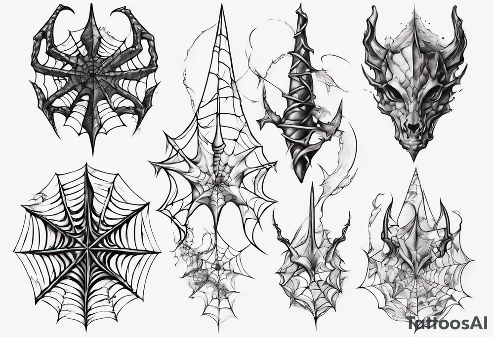 Dragon scales tangled spiderweb unicorn horn shattered chalices spider tattoo idea