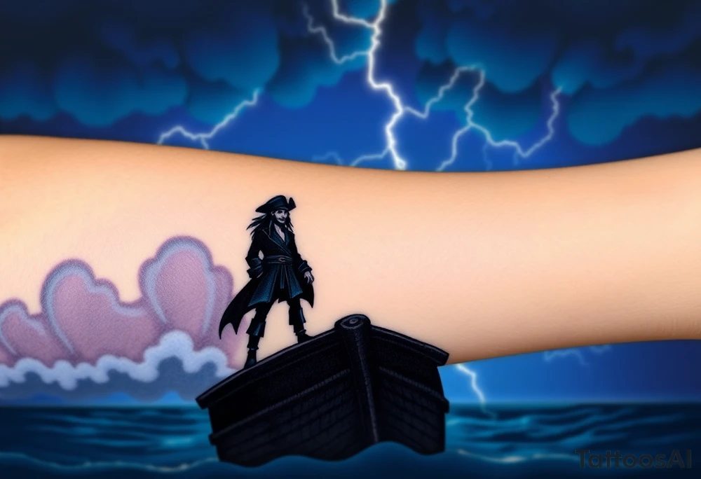 A dark silhouette of Jack Sparrow standing on the bow of a ship, with lightning illuminating the stormy sky behind him in deep blues and purples. tattoo idea