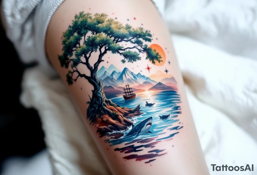 tattoo that has an acacia tree with mountains, ocean with a ship wreck with sharks and the northern star tattoo idea