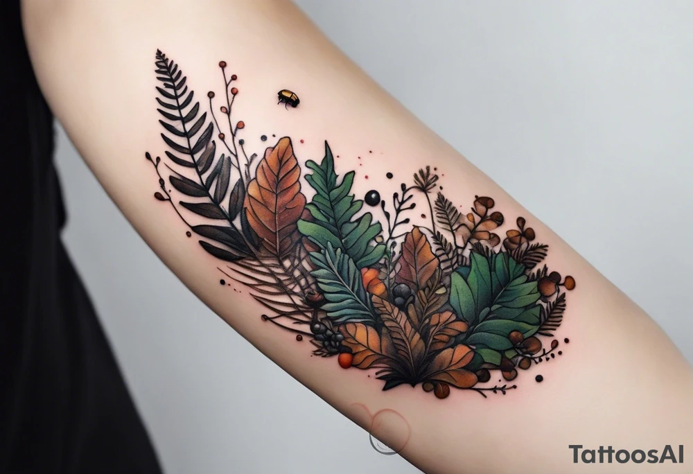 minimalistic forest floor inspired tattoo, which includes grass, moss, curly ferns and dead leaves as the bulk of the tattoo. details to include: forest berries, couple of very small brown mushrooms, a tiny bumblebee flying nearby tattoo idea