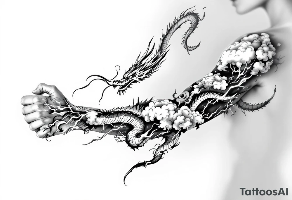 storm clouds and lightning mixed throughout, eastern dragon wrapping around the arm with head at the inside wrist, tattoo idea