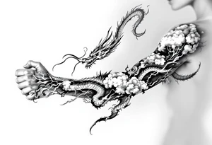 storm clouds and lightning mixed throughout, eastern dragon wrapping around the arm with head at the inside wrist, tattoo idea