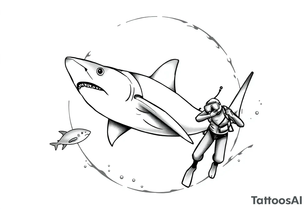 Generate a dive scene including a smaller circling shark and a diver tattoo idea