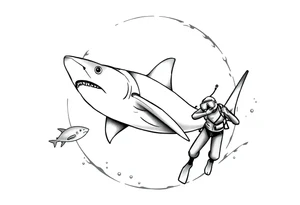 Generate a dive scene including a smaller circling shark and a diver tattoo idea