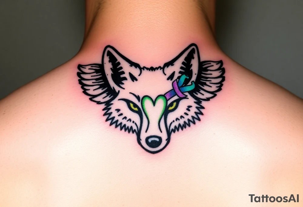Fox racing head logo wrapped in angel wings and as one of the fox symbols ears put a thumbprint heart with a teal and purple ribbon also around the white tattoo put a lime green glow tattoo idea