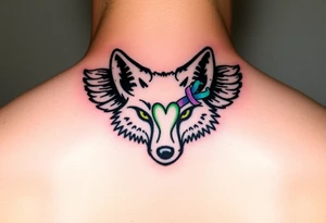 Fox racing head logo wrapped in angel wings and as one of the fox symbols ears put a thumbprint heart with a teal and purple ribbon also around the white tattoo put a lime green glow tattoo idea