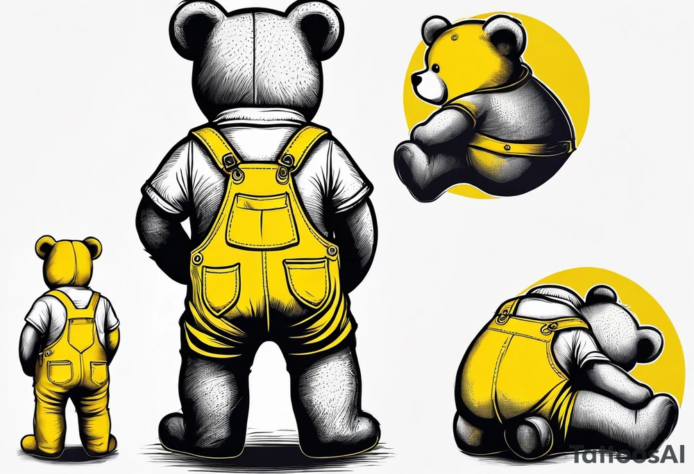 the back of a standing brown 
teddy bear in yellow overalls tattoo idea