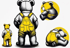 the back of a standing brown 
teddy bear in yellow overalls tattoo idea
