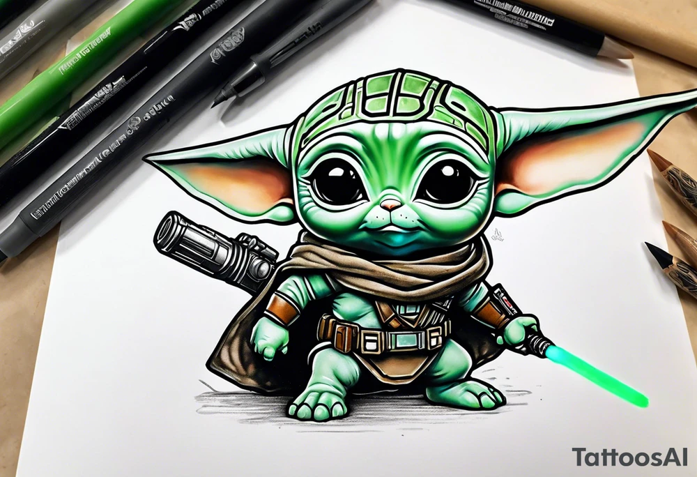 Baby grogu wearing mandalorian armor,  crouched down like he's about to jump,  weilding a green lightsaber. tattoo idea