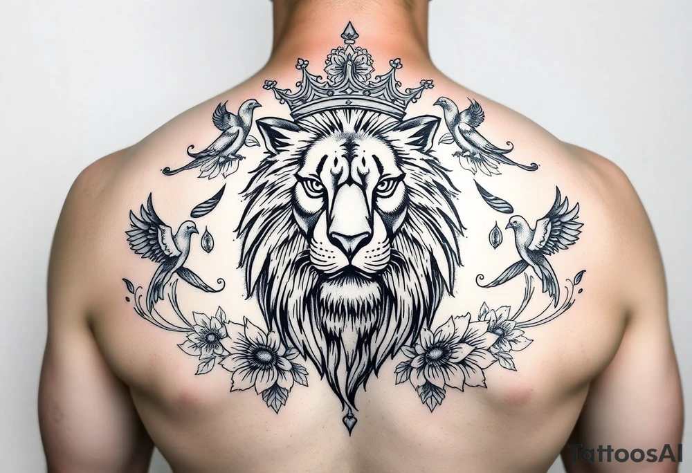 powerful majestic lion with a crown, surrounded by floral ornaments and birds tattoo idea