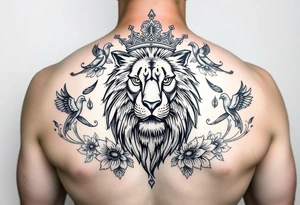 powerful majestic lion with a crown, surrounded by floral ornaments and birds tattoo idea
