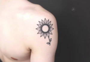 Half Sunflower, half sun tattoo that will "shine" on another small tattoo right above my elbow . It will go on my bicep with a stem, fine line and feminine tattoo idea