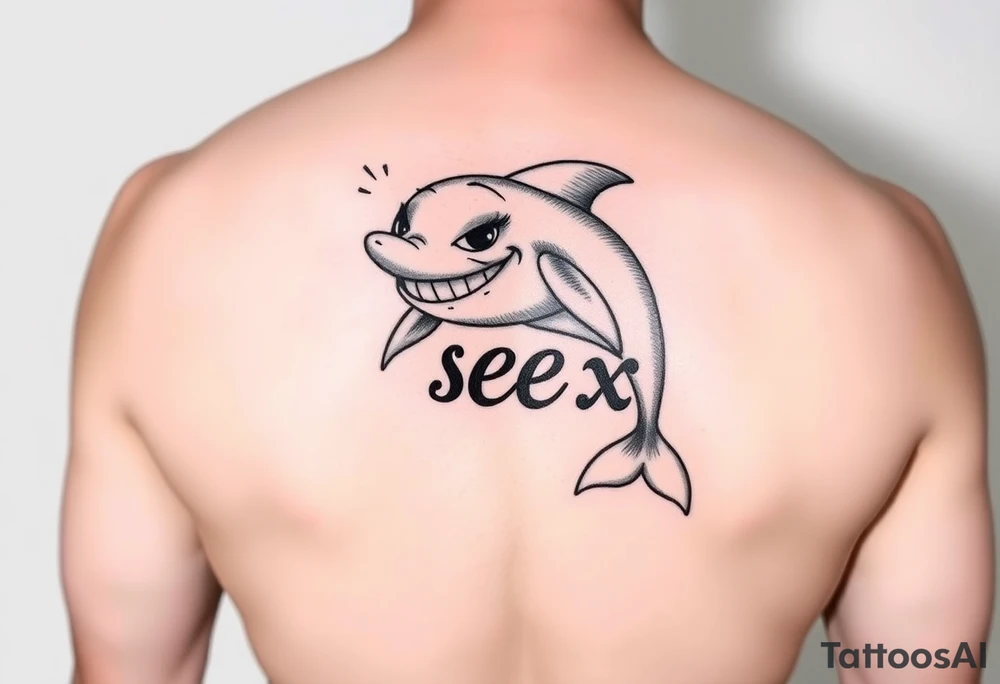 Cartoon dolphin with a mischievous face humping the word sex tattoo idea