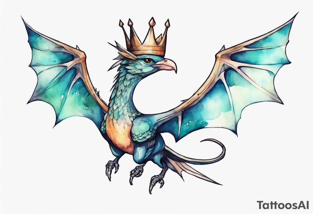 a bird-wyvern hybrid wearing a minimalist crown, flying tattoo idea